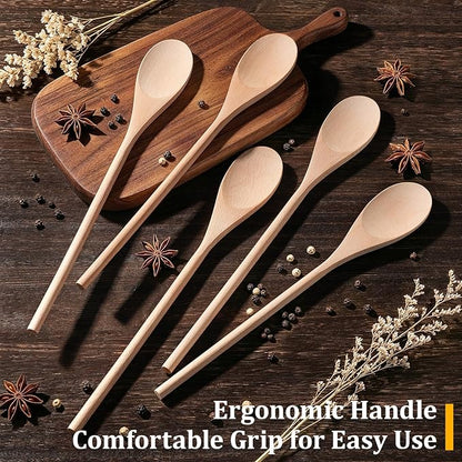 Cooking Wooden Spoons, MORGLES 14-Inch Serving Spoons for Stirring Mixing Serving Long Handle Plastic Free Reusable Non Scratch Dishwasher Safe, 5PCS