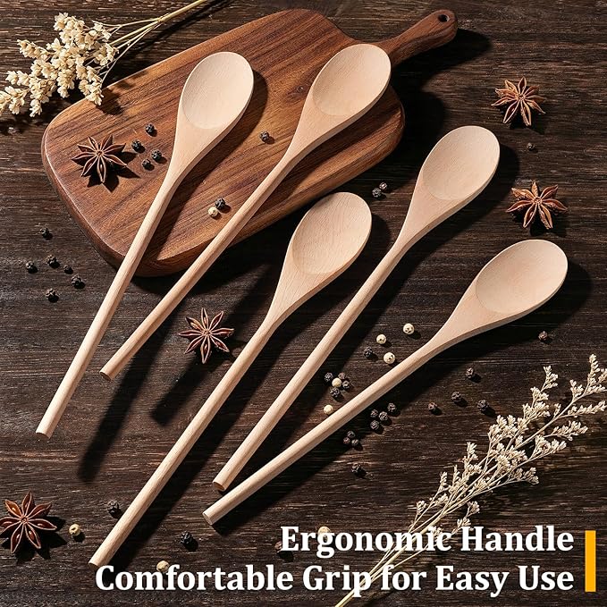 12 Pcs Wooden Spoons for Cooking, MORGLES 14-Inch Serving Spoons for Stirring Mixing Serving Long Handle Plastic Free Reusable Non Scratch Dishwasher Safe
