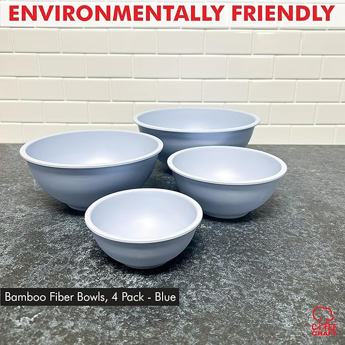 Chef Craft Eco Bamboo Fiber Mixing Bowl Set, 4 Piece Set, Blue