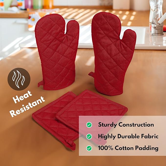 Native Fab Pot Holders and Oven Mitts Sets for Kitchen Heat Resistant - Hanging Non-Slip - 100% Cotton Kitchen Oven Mitts and Pot Holders 4-Piece Set - Red - Image 2