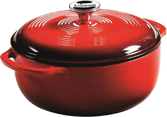 Lodge 4.5 Quart Enameled Cast Iron Dutch Oven with Lid – Dual Handles – Oven Safe up to 500° F or on Stovetop - Use to Marinate, Cook, Bake, Refrigerate and Serve – Island Spice Red by Lodge