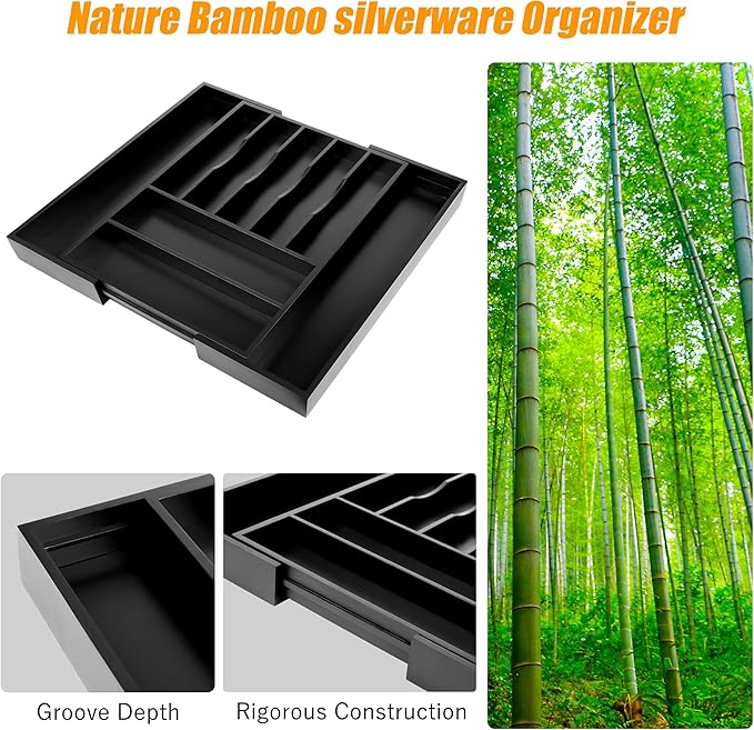 Bellsal Large Premium Bamboo Silverware Organizer - Expandable Utensil Drawer Organizer - 17"x19.6" Utensil Holder and Cutlery Tray with Grooved for Kitchen Flatware and Utensils(7-9 Slot, Black) - Image 4