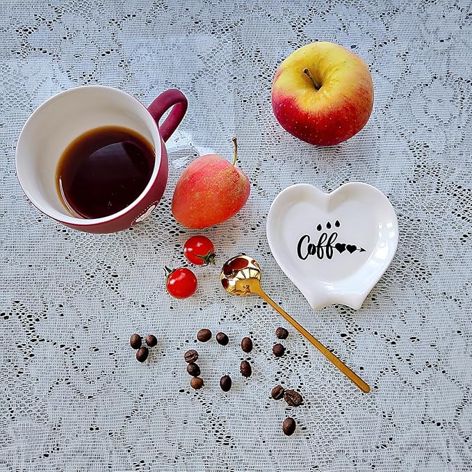 Heart-shaped Coffee Spoon Rest, Mini Coffee Spoon Holder, Coffee Stirrers, Teaspoon, Bar Spoon Rest, Coffee Bar Accessories (Ture white+Gold Spoon) - Image 2