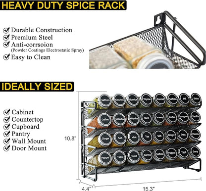 SpaceAid Spice Rack Organizer with 32 Spice Jars, 386 Spice Labels, Chalk Marker and Funnel Set for Cabinet, Countertop, Pantry, Cupboard or Door & Wall Mount - 32 Jars, 15.3" W × 10.8" H, Black - Image 4