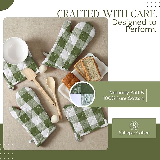 Buffalo Plaid Check Oven Mitts and Pot Holders Set, 100% Cotton, Heat Resistant, 2 Oven Gloves (7x13 Inches) and 2 Hot Pads (8x8 Inches) for Cooking and Baking, Mint Green White