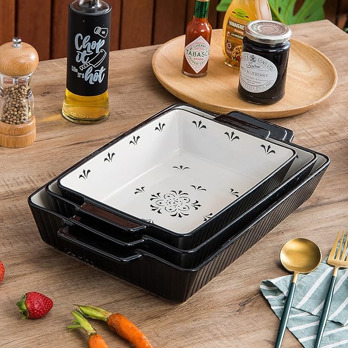 Baking Dishes Bakeware Set Ceramic Casserole Dish, Rectangular Shape, Oven safe, Nonstick, for Cooking, Cake Dinner, Kitchen, 13x9inch, 3pcs, Black - Image 5