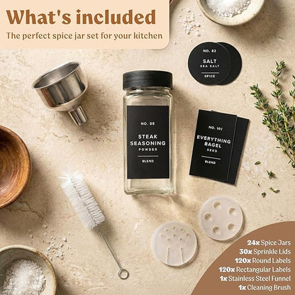EDELHAUS Glass Spice Jars with Labels (24 x 4oz) Spice Containers with 240 Labels, Shaker Inserts, Funnel, Empty Square Empty Square Seasoning Organizer (Black Lids) - Image 8