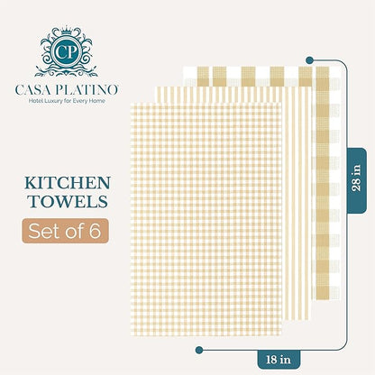 Casa Platino Dish Towels for Kitchen 18" x 28", Dish Towels Set of 6 – Great for Daily Dish Drying, Cooking Prep, and Serving Use, Reliable Kitchen Companions for Spills and Baking Needs- Beige