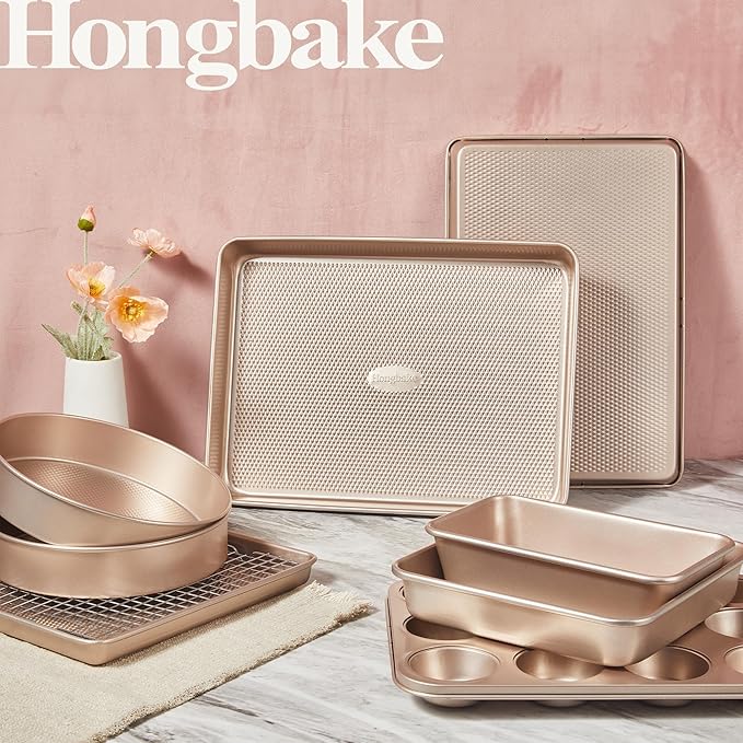 HONGBAKE 9-Piece Baking Pans Set Nonstick, Stackable Non Toxic Bakeware Sets with Diamond Texture, Oven Pan Set for Cooking, Includes Cookie Sheet with Rack, Cake Pan, Roasting Pan, Muffin Tin, Gold - Image 2
