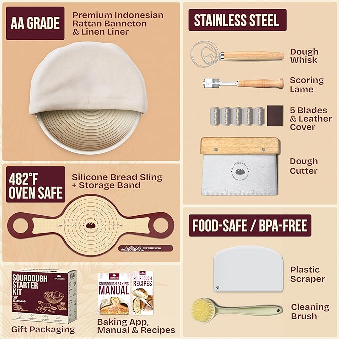 Superbaking Sourdough Starter Kit, 9" Round Banneton Bread Proofing Basket Set, Sourdough Bread Baking Supplies, Sourdough Tools with Silicone Bread Sling, Bread Making Tools, Baking Gifts - Image 2