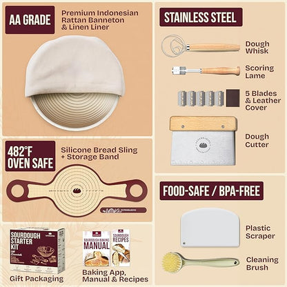 Superbaking Sourdough Starter Kit, 9" Round Banneton Bread Proofing Basket Set, Sourdough Bread Baking Supplies, Sourdough Tools with Silicone Bread Sling, Bread Making Tools, Baking Gifts - Image 2