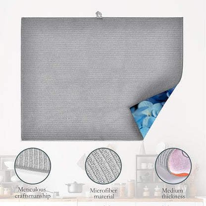 Blue Hydrangea Flower Dish Drying Mats 18x24 Inch, Dish Pad Drying Rack Mat for Kitchen Counter Ultra Absorbent Microfiber Dishware Coffee Maker Bar Countertop Decor