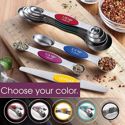 Spring Chef Stainless Steel Magnetic Measuring Spoons Set with Strong Magnets, Heavy Duty Metal Kitchen Essentials - Fits in Most Kitchen Spice Jars, Multicolor, Set of 8 with Leveler - Image 6