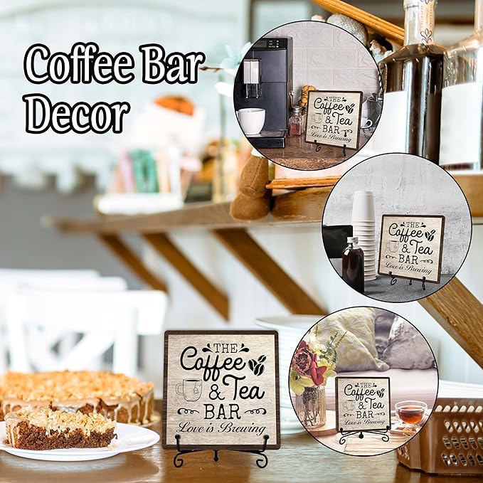 Coffee Bar Sign, Love is Brewing Farmhouse Tabletop Decor, Coffee and Tea Lover Gifts, 5x5 Wood Plaque with Iron Stand for Home Kitchen Cafe, Coffee Bar Decor – L10 - Image 3