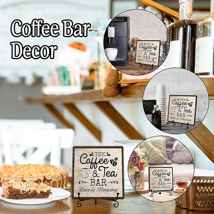 Coffee Bar Sign, Love is Brewing Farmhouse Tabletop Decor, Coffee and Tea Lover Gifts, 5x5 Wood Plaque with Iron Stand for Home Kitchen Cafe, Coffee Bar Decor – L10 - Image 3