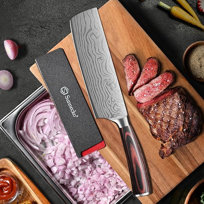 Sunnecko Japanese Nakiri Knife 7 Inch - Carbon Steel Chef Knife Vegetable Cleaver with Sheath, Kitchen Gift for Home Cooks, Professional Kitchen Knife Gift Box - Image 3