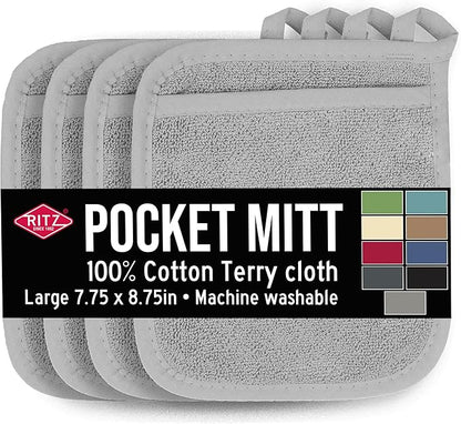 RITZ Terry Pocket Mitt & Hot Pad: Unparalleled Heat Resistant, Durable 100% Cotton – Ergonomically Designed for Optimal Grip – Easy-Care Machine Washable – 4-Pack, Titanium Grey by Ritz+Foodservice