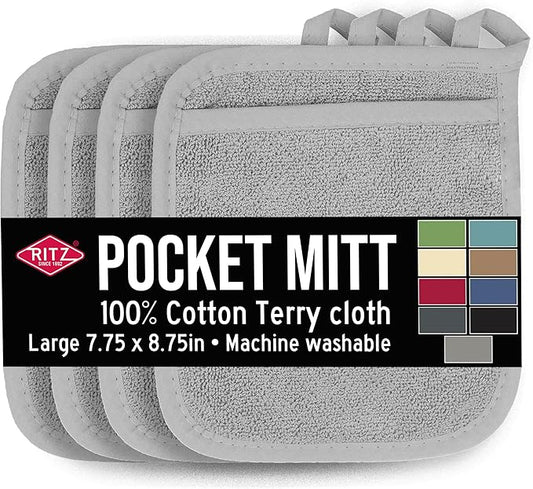RITZ Terry Pocket Mitt & Hot Pad: Unparalleled Heat Resistant, Durable 100% Cotton – Ergonomically Designed for Optimal Grip – Easy-Care Machine Washable – 4-Pack, Titanium Grey by Ritz+Foodservice