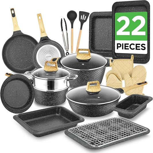 NutriChef 22-Piece Black Marble Non-Stick Cookware and Bakeware Set - Professional Home Kitchen Collection with Multi-Sized Pots, Pans, and Heat-Resistant Tools by NutriChef%E2%84%A2Kitchen