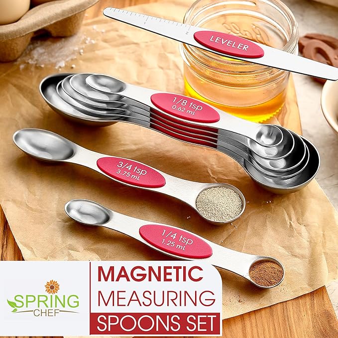 Spring Chef Pink Stainless Steel Magnetic Measuring Spoons Set of 8 with Leveler, Dual Sided Teaspoon & Tablespoon Measuring Set for Dry and Liquid Ingredients, Kitchen Gadgets for Baking & Cooking - Image 7