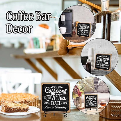 Coffee Bar Sign, Love is Brewing Farmhouse Tabletop Decor, Coffee and Tea Lover Gifts, 5x5 Wood Plaque with Iron Stand for Home Kitchen Cafe, Coffee Bar Decor – L04 - Image 3