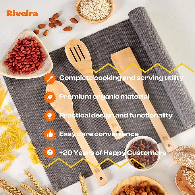 Riveira Maple Wooden Spoons for Cooking Set of 3 – Natural Maple Wooden Cooking Utensils, Wooden Spatula, Wooden Spoon - Premium Quality Utensil Set for Non-Toxic Cooking - Image 4