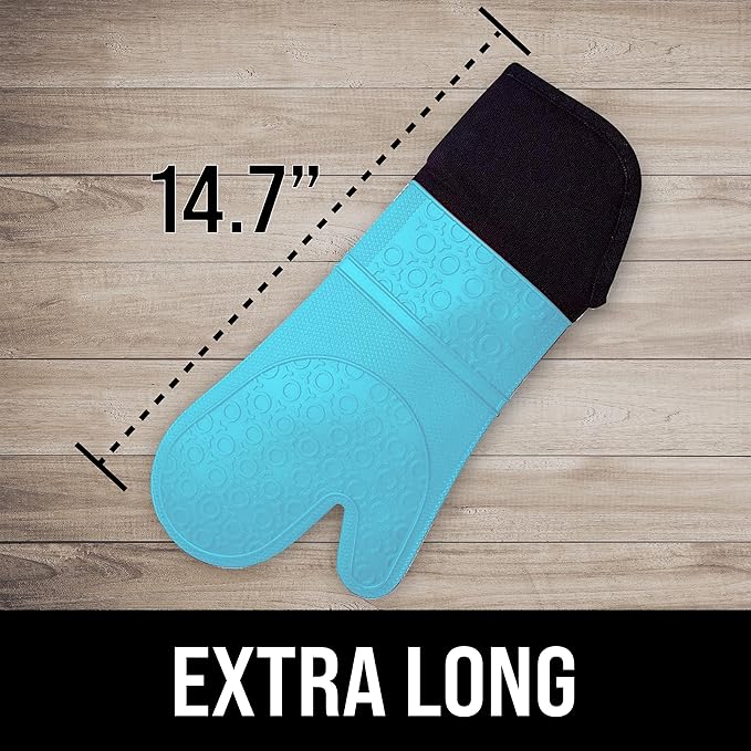 BPA-Free Soft Silicone Oven Mitts - Ultra Heat Resistant Oven Mitts with Thick Cotton Liner - Extra Long Slip Resistant Pot Holders, Flexible Oven Gloves - Aqua/Black 14.7" - Image 2