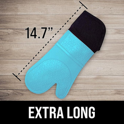 BPA-Free Soft Silicone Oven Mitts - Ultra Heat Resistant Oven Mitts with Thick Cotton Liner - Extra Long Slip Resistant Pot Holders, Flexible Oven Gloves - Aqua/Black 14.7" - Image 2