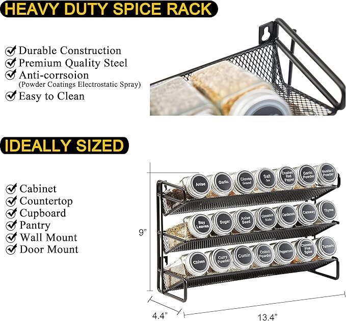 SpaceAid Spice Rack Organizer with 21 Spice Jars, 386 Spice Labels, Chalk Marker and Funnel Set for Cabinet, Countertop, Pantry, Cupboard or Door & Wall Mount - 21 Jars, 13.4" W × 9" H, Black - Image 3