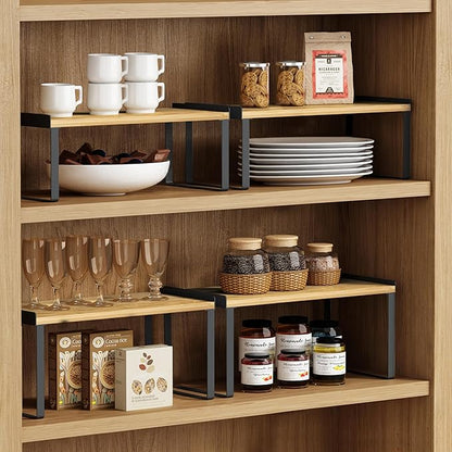 Goozii Kitchen Cabinet Organizer Shelf Set of 4, Stackable Pantry Cupboard Countertop Storage and Organizer, Desk Shelf Riser, Spice Plate Cup Expandable Storage Rack,(Black Bamboo) Large