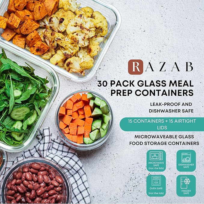 Razab 30 PC Glass Food Storage Containers with Lids - Reusable Glass Meal Prep Containers for Lunch & Leftovers - Airtight & Leakproof Snap Locking Lids - Oven, Freezer, Microwave & Dishwasher Safe - Image 8