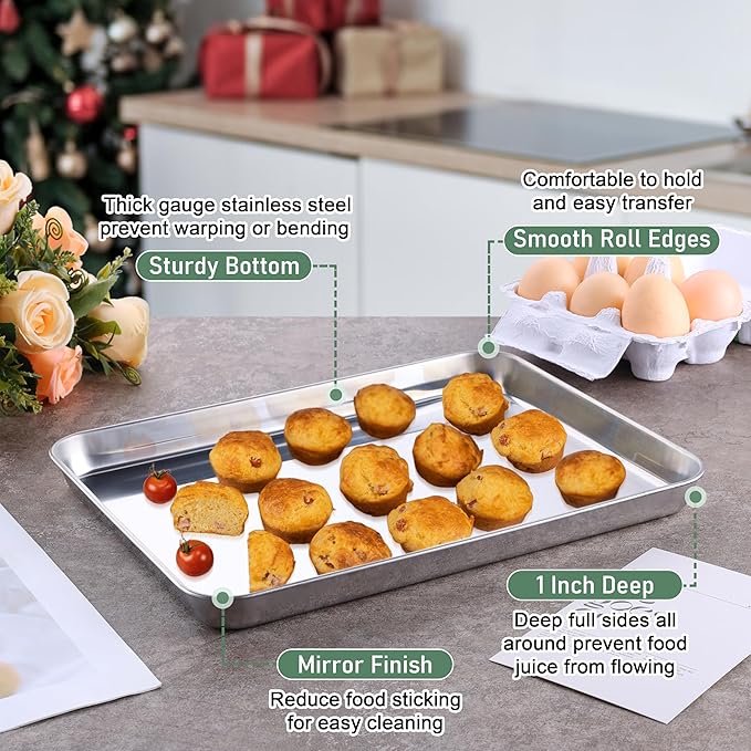 Homikit Baking Sheet with Wire Rack Set (1 Pan+1 Rack), 12" x 10" Stainless Steel Quarter Sheet Pan with Grid Cooling Rack for Toaster Oven Roasting, Metal Bacon Cookie Trays Nonstick Jelly Roll Pan