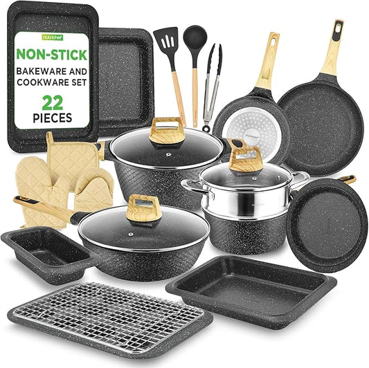 NutriChef 22‑Piece Non‑Stick Ceramic Pots and Pans Set – For All Cooktops Including Induction – PTFE & PFAS Free, Includes Bakeware & Utensils by NutriChef%E2%84%A2Kitchen