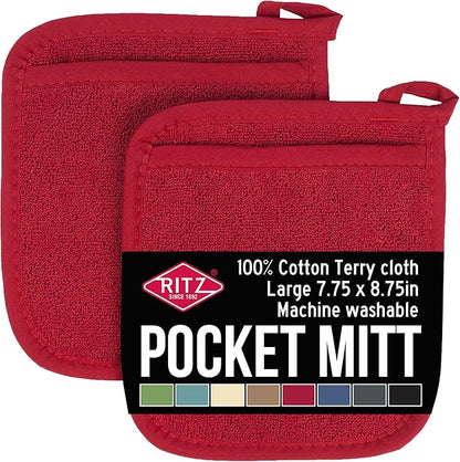 RITZ Terry Pocket Mitt & Hot Pad: Unparalleled Heat Resistant, Durable 100% Cotton – Ergonomically Designed for Optimal Grip – Easy-Care Machine Washable – 2-Pack, Paprika by Ritz+Foodservice