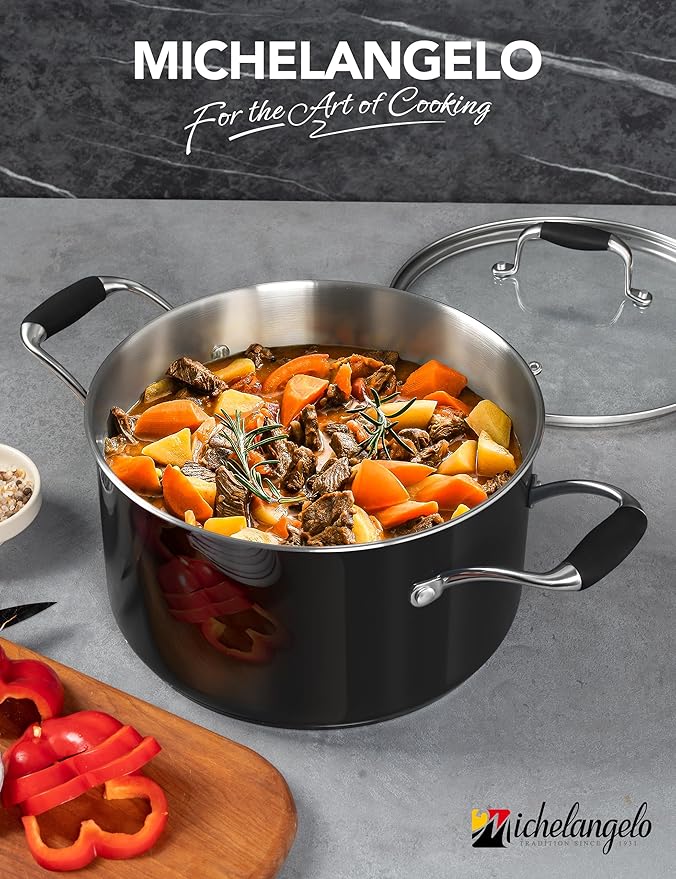 MICHELANGELO Stainless Steel Cooking Pot - 6 Quart Soup Pot with Lid, Non-Toxic Stockpot Induction Compatible, Oven & Dishwasher Safe, Black Exterior - Image 9