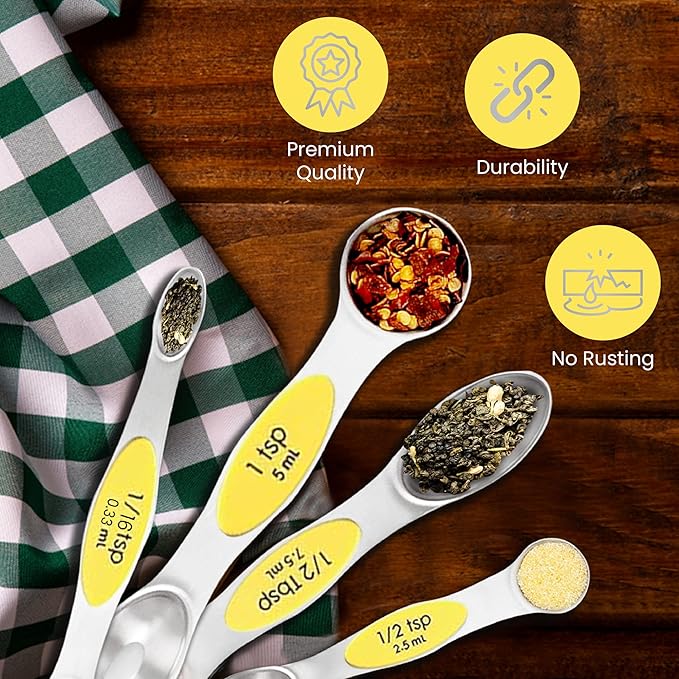 Magnetic Measuring Spoons Set of 9 Stainless Steel Dual-Sided Stackable Measuring Spoon Nesting Teaspoons Measuring Dry and Liquid Ingredients, Fits in Spice Jars Set of 9 (Yellow) - Image 3