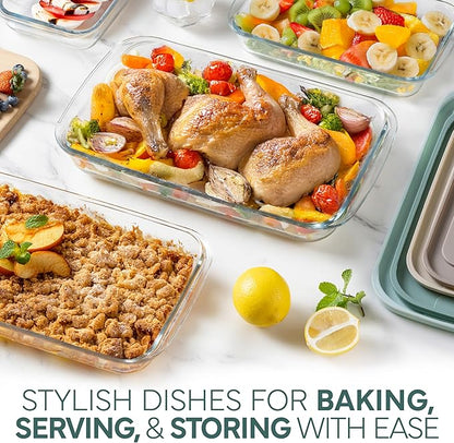 COOK WITH COLOR 8-Piece Deep Glass Baking Dish Set with Plastic Lids – Casserole and Food Storage Containers for Lasagna, Leftovers – Freezer-to-Oven, Microwave & Dishwasher Safe, Mint - Image 2