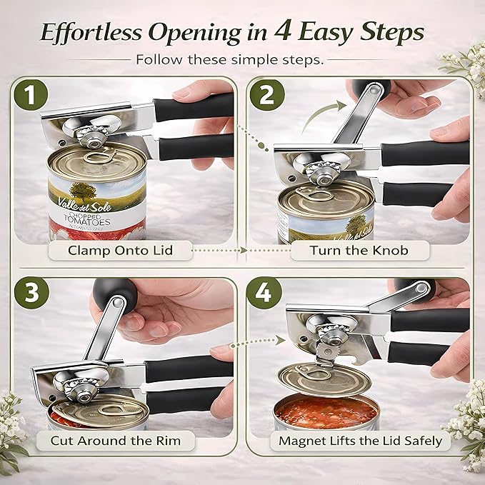 Commercial Can Opener, Heavy Duty Manual Can Opener for Large Cans, Hand Crank Can Opener with Magnetic Lid Lifter, Stainless Steel with Bottle Opener - Image 4