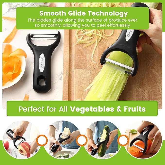 Spring Chef Premium Y & Vegetable Julienne Peeler Set for Kitchen with Stainless Steel Sharp Blades - Carrot Peelers with Comfortable Handles - Perfect for Zucchini, Cucumber, Papaya, Potato - Black - Image 4