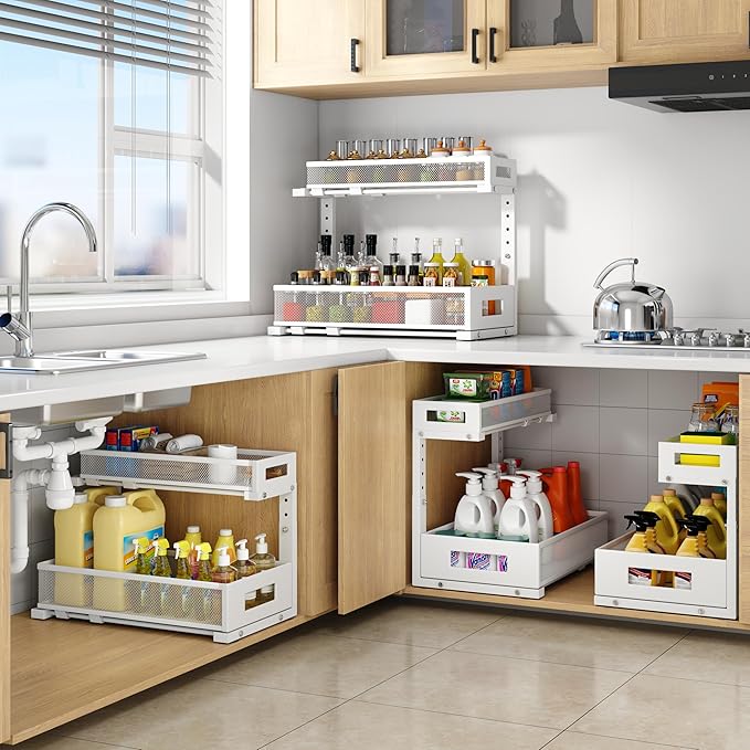 1 Pack 17IN Depth Under Sink Storage Organizer, Large 2-Tier Elegant Mesh Pull Out Shelf for Kitchen and Bathroom Cabinet Organization, L-Shaped and Adjustable Height Design-White - Image 6