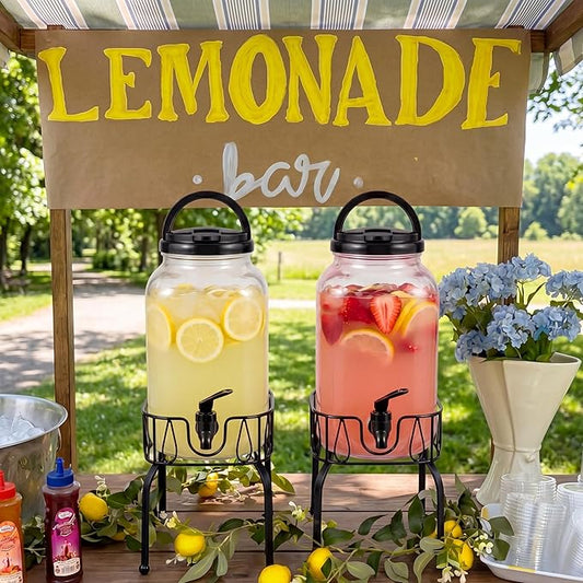 Tanlade 2 Pcs Plastic Drink Dispenser with Stand Beverage Dispenser with Sturdy Metal Base Juice Jar for Parties Lemonade Jar Spigot for Weddings Countertop Water, Each 1 Gallon(Black)