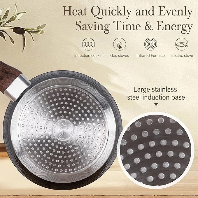 Kitchen Academy Induction Pots and Pans Set Non Stick - 12 Pcs Nonstick Kitchen Cookware Set, Black Hammered Cooking Pans Set - Image 2
