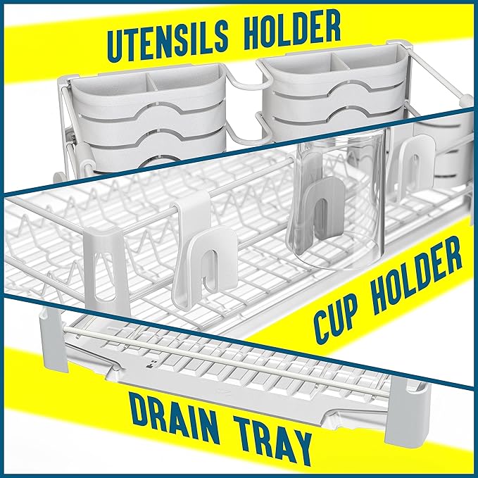 Simple Houseware White Dish Drying Rack with Drainboard, Utensil Holder & Mug Hooks – Metal Kitchen Counter Organizer - Image 3