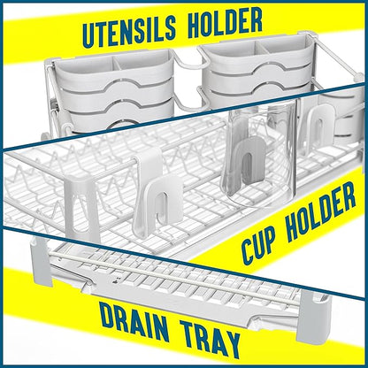 Simple Houseware White Dish Drying Rack with Drainboard, Utensil Holder & Mug Hooks – Metal Kitchen Counter Organizer - Image 3