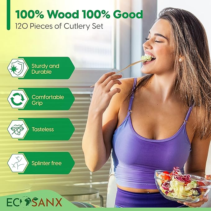 ECOSANX® 120 PCs Wooden spoons for eating, 6.5" Splinter Free small disposable spoons, Eco-Friendly, 100% All-Natural Compostable spoons for Outdoor, Bamboo spoon Disposable for Camping Events & More - Image 5