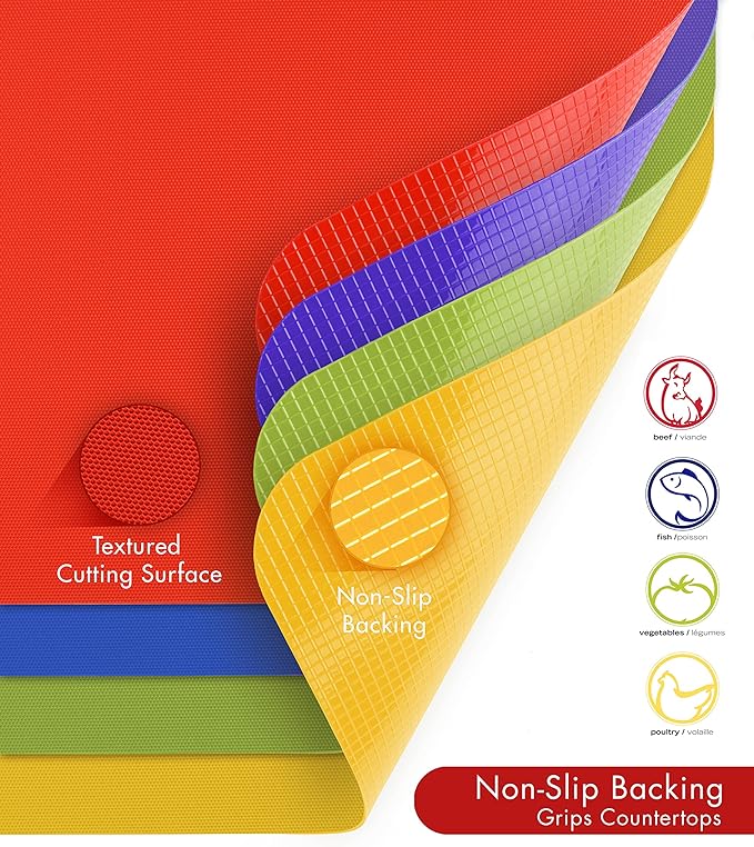 Dexas Heavy Duty Grippmat Flexible Cutting Board Set of Four, 11.5 x 14 inches, Blue, Green, Yellow and Red,6554PK