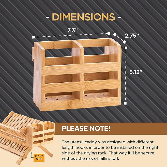 Bamboo Utensil Holder for Dish Rack - Flatware, Cutlery & Utensil Drying Caddy with Hooks - Fits BAMBUSI Bamboo Dish Drying Racks - Image 5