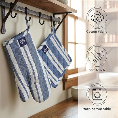 Encasa XO Heat Resistant 100% Cotton Oven Glove & Potholder Set with Loop, Kitchen Cooking Mittens, Microwave Safe Hot Pads (Franca Blue Stripes)