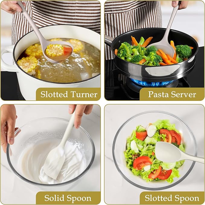 LIANYU 8Pcs Kitchen Utensils Set, Silicone Cooking Utensils Spatula Set for Nonstick Cookware, Include Silicone Spatula, Ladle, Turner, Spoon, Heat Resistant, Dishwasher Safe, Khaki White - Image 7