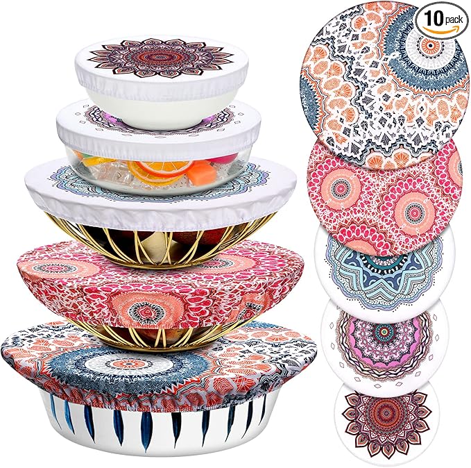 Patelai 10 Pcs Bowl Covers Reusable in 5 Size Stretch Cloth Fabric Elastic Food Storage Bowl Covers Bread Sourdough Lids for Proofing Food Fruits Leftover(Warm Color,Retro Style) by Patelai